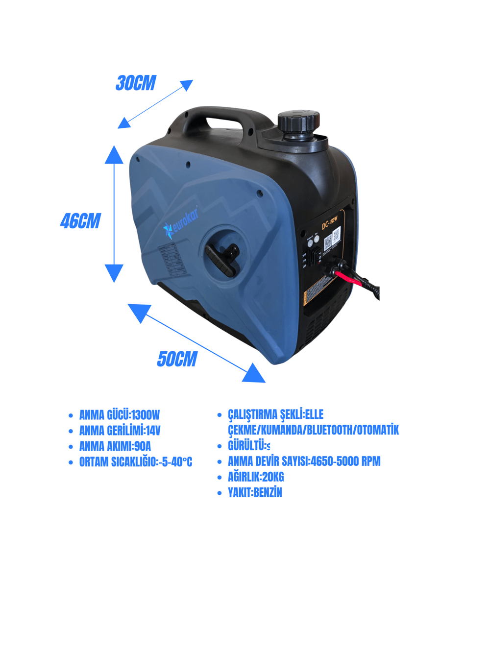 EUROKAR 12V DC Benzinli Portatif Jeneratör - 1300W 90A Akü Şarj Cihazı (Karavan, Tekne)