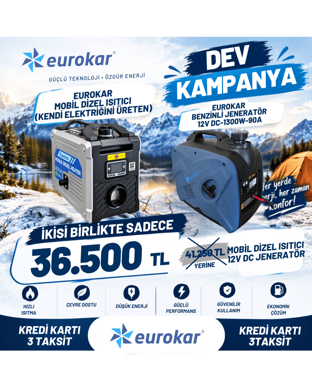 EUROKAR MOBİL DİZEL ISITICI(KENDİ ELEKTRİĞİNİ ÜRETEN)-EUROKAR 12V DC Benzinli Portatif Jeneratör - 1300W 90A Akü Şarj Cihazı (Karavan, Tekne)