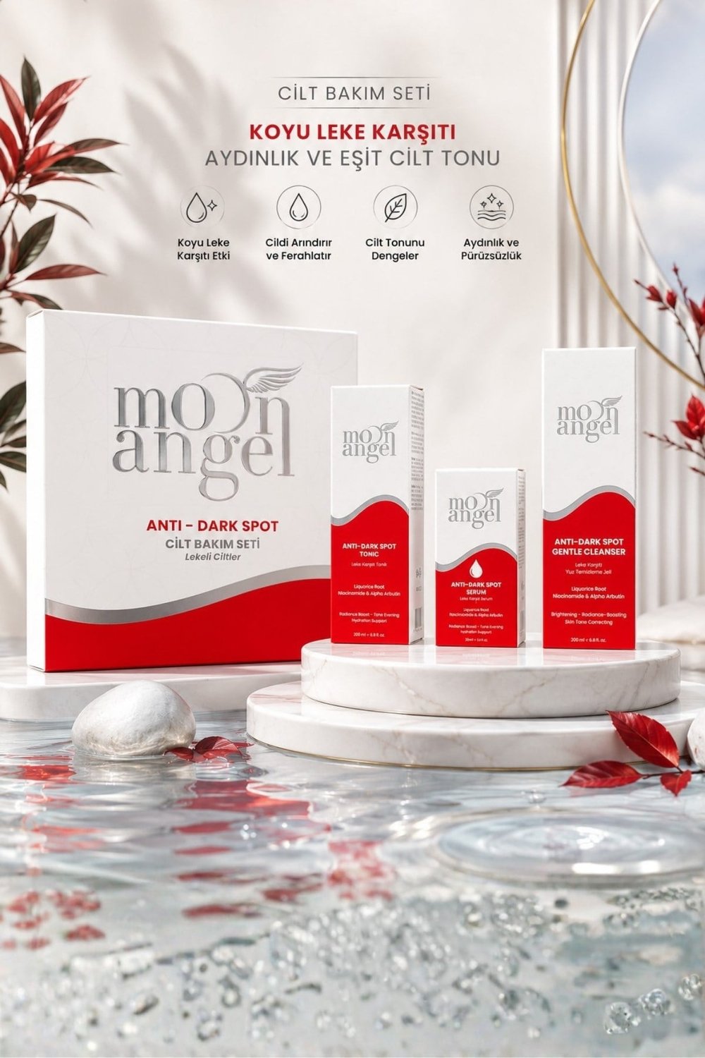 Moon Angel Anti Dark 3`lü Cilt Bakım Seti Lekeli Ciltler İçin Temizleyici Jel, Tonik ve Serum SetiMoon Angel