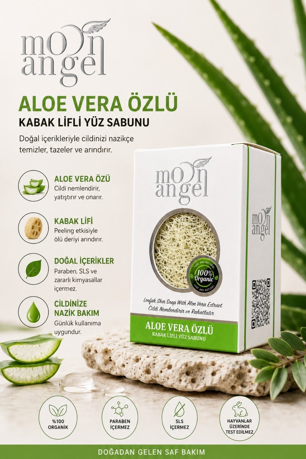 Moon Angel Kabak Lifli Sabun Aloe Vera Özlü Ferahlatıcı ve Rahatlatıcı Cilt Bakım Sabunu Moon Angel