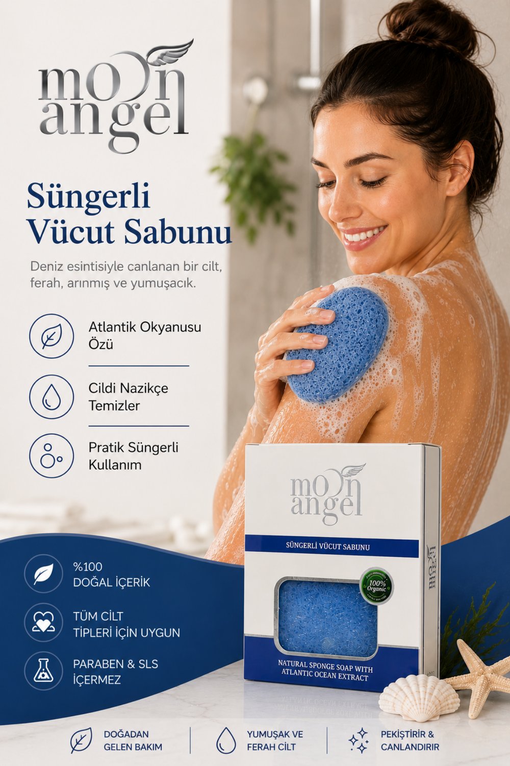Moon Angel Süngerli Sabun Doğal Güzellik Atlantic Ocean Extract Vücut SabunuMoon Angel