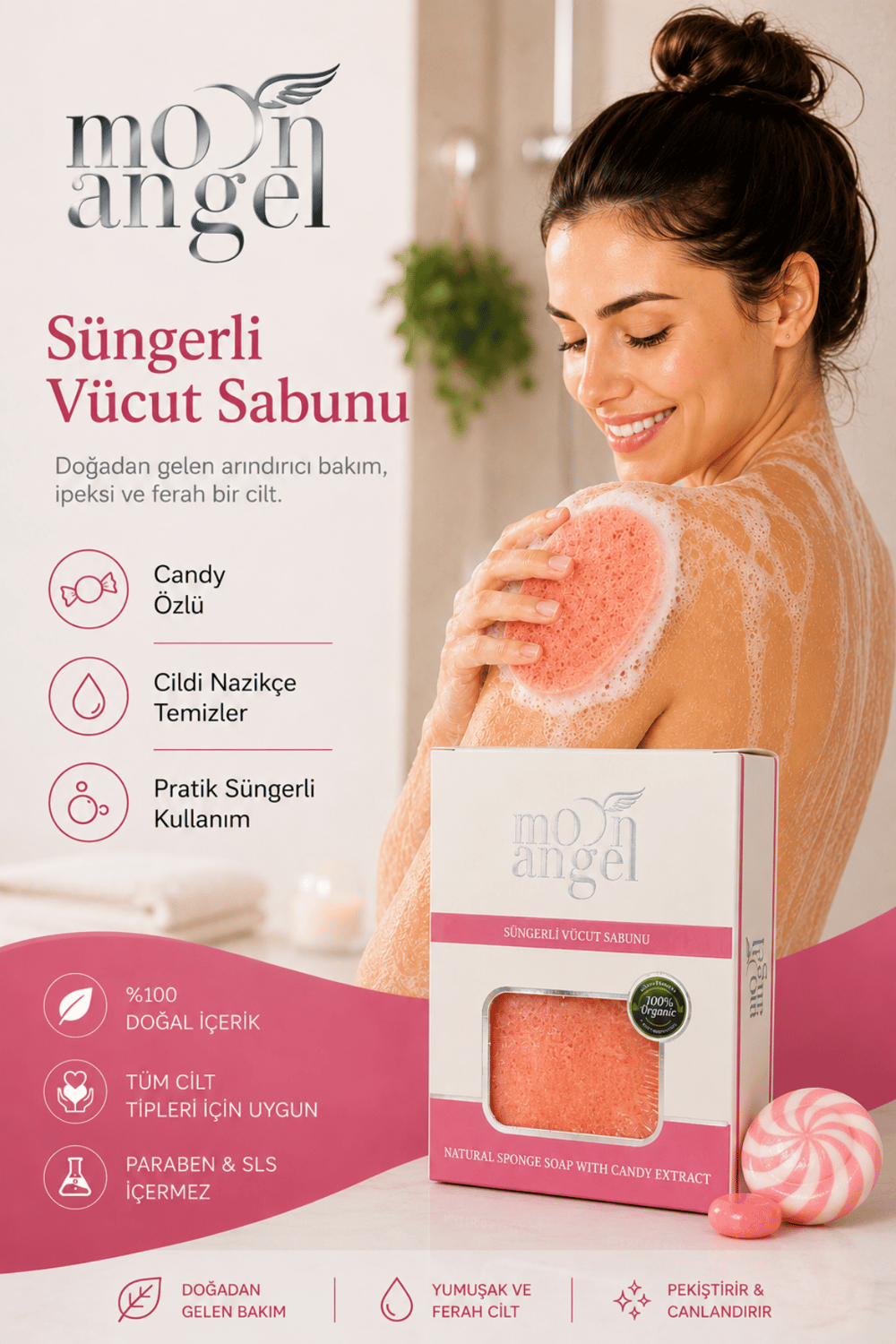 Moon Angel Süngerli Sabun Doğal Güzellik Candy Extract Vücut SabunuMoon Angel