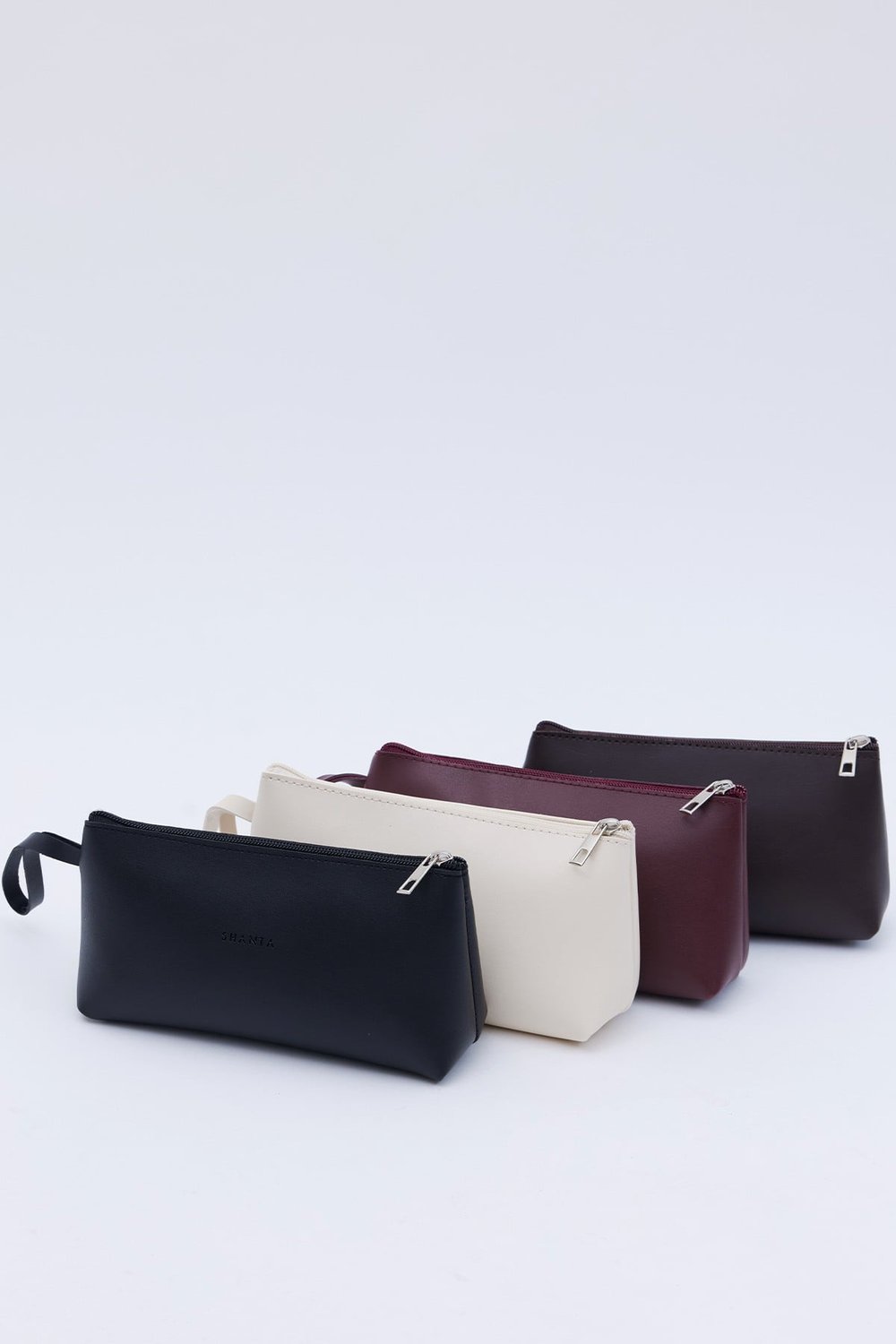 4'lü Siyah - Krem - Bordo - Acı Kahve D11 Tek Fermuar Bölmeli Kısa Askılı Makyaj Ve Seyahat Çantası