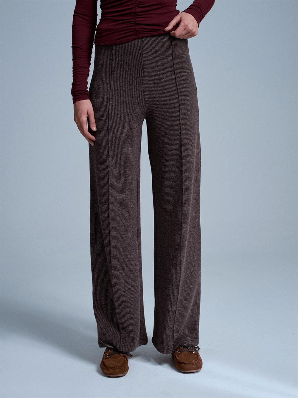 Dikiş Detaylı Geniş Paça Pantolon-Kahve