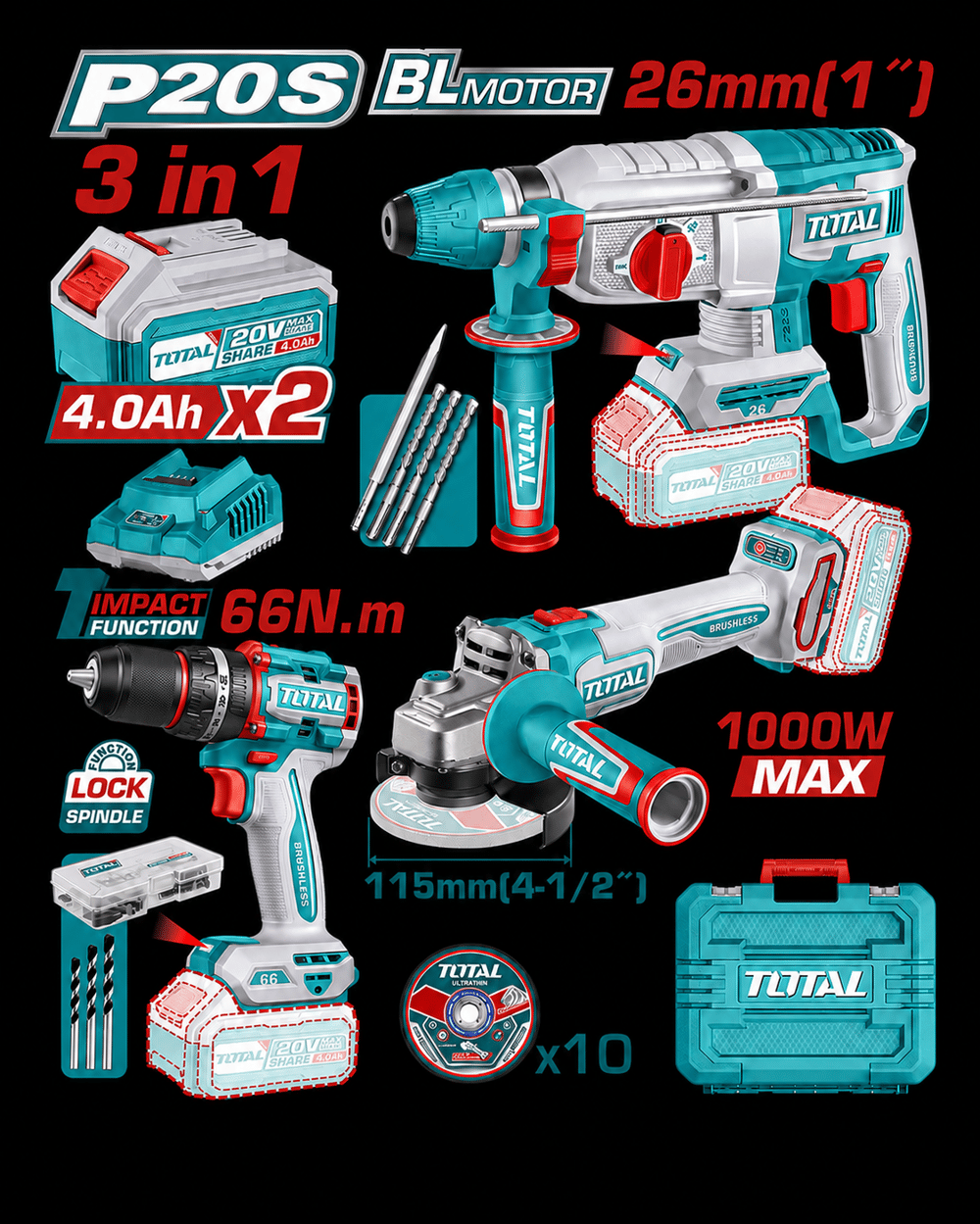 Total TOSLI241198E - Akülü Alet Seti (Kırıcı-delici + Taşlama + Vidalama, 2x4 AH + 1x6 AH Akü)