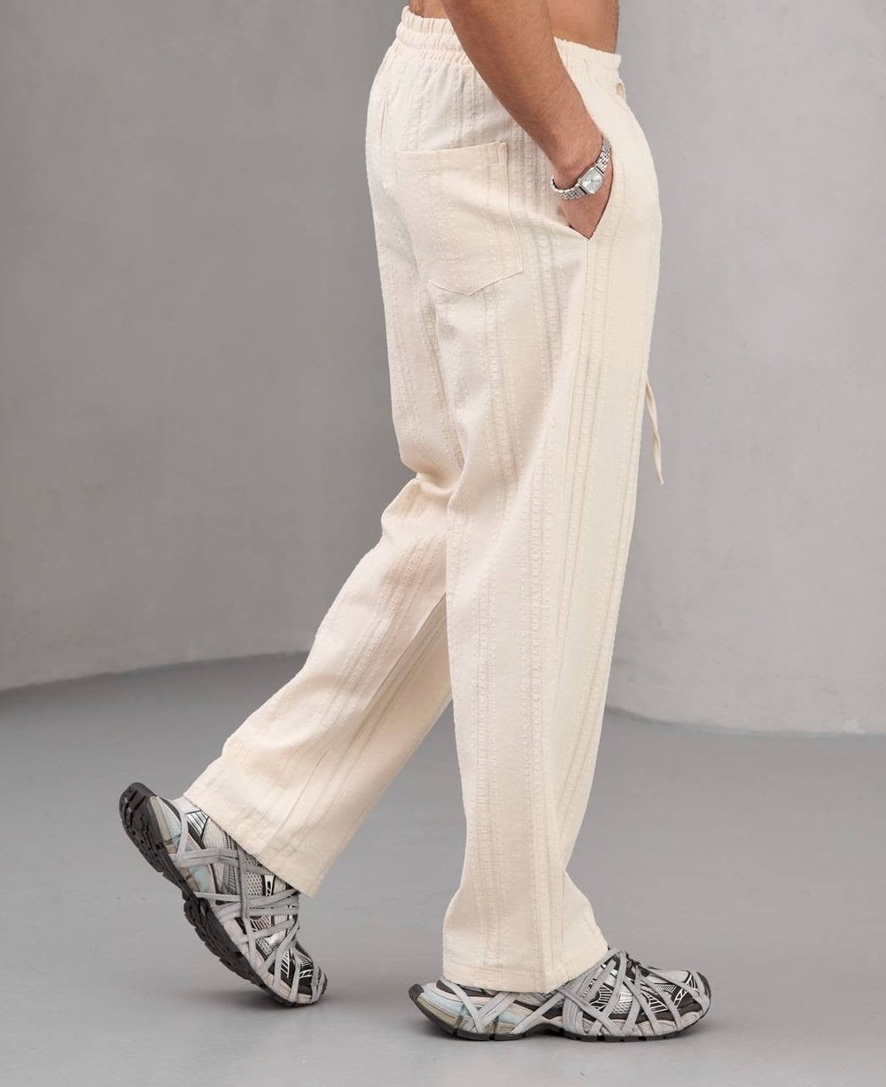 Bej Nakışlı Baggy Keten Pantolon