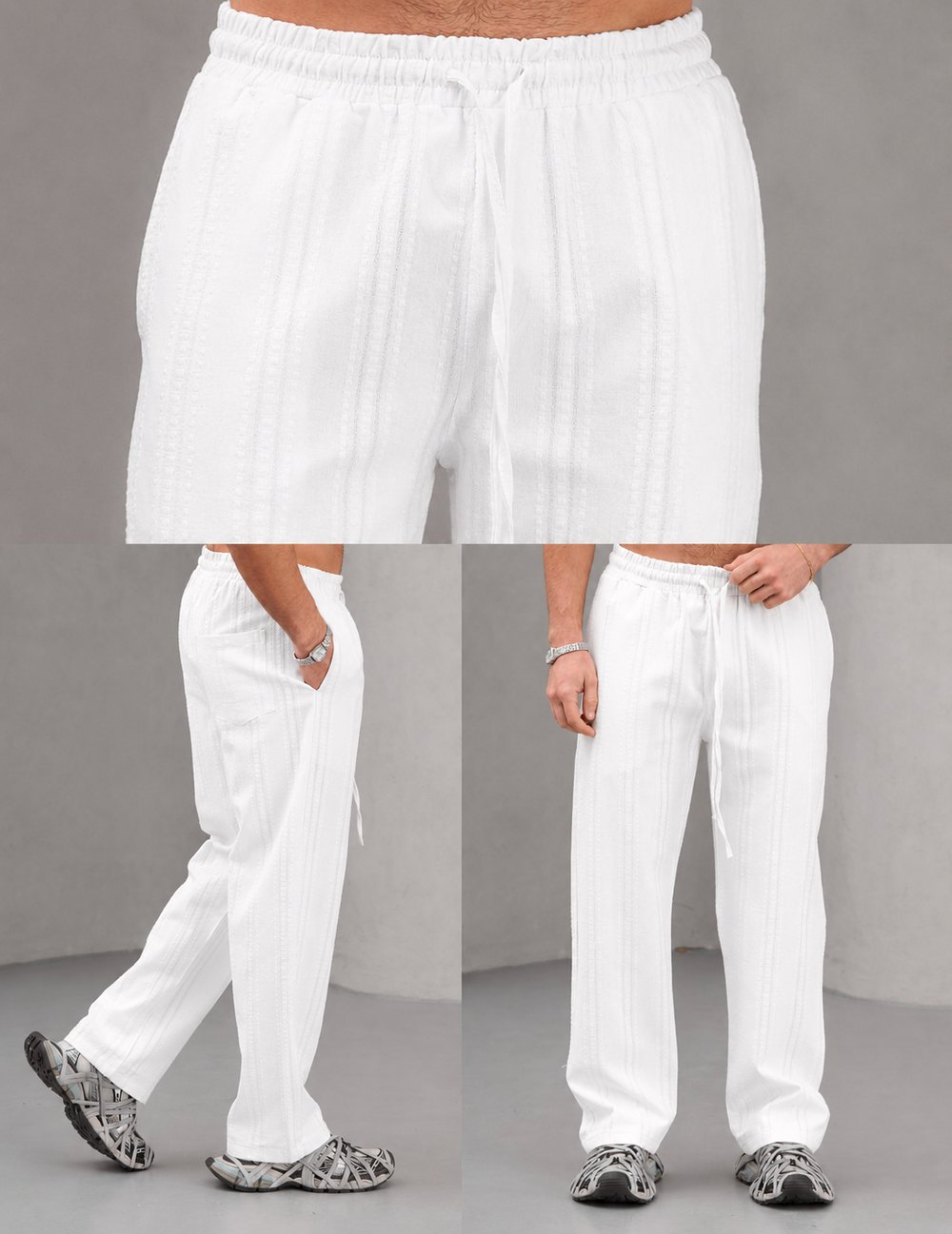 Beyaz Nakışlı Baggy Keten Pantolon