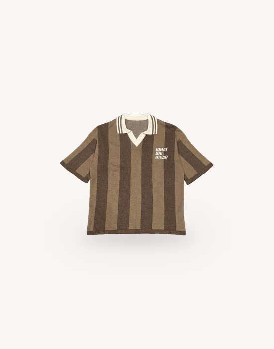 Kahverengi Dikey Çizgili Oversize Polo Yaka Triko