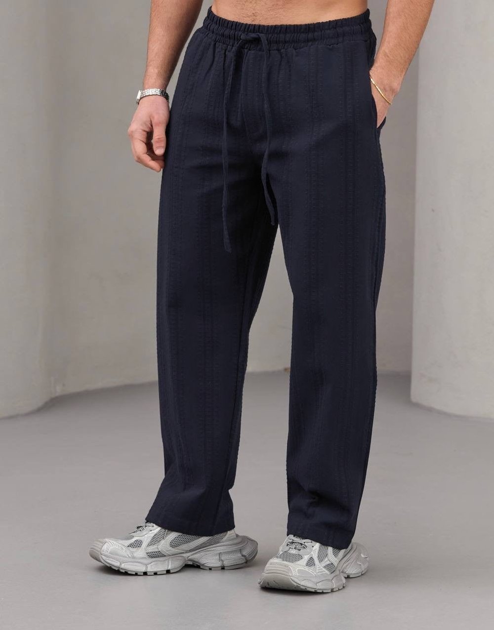 Lacivert Nakışlı Baggy Keten Pantolon