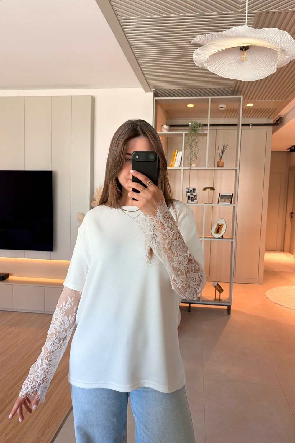  Dantel Detaylı Oversize Şık Beyaz Modal Bluz