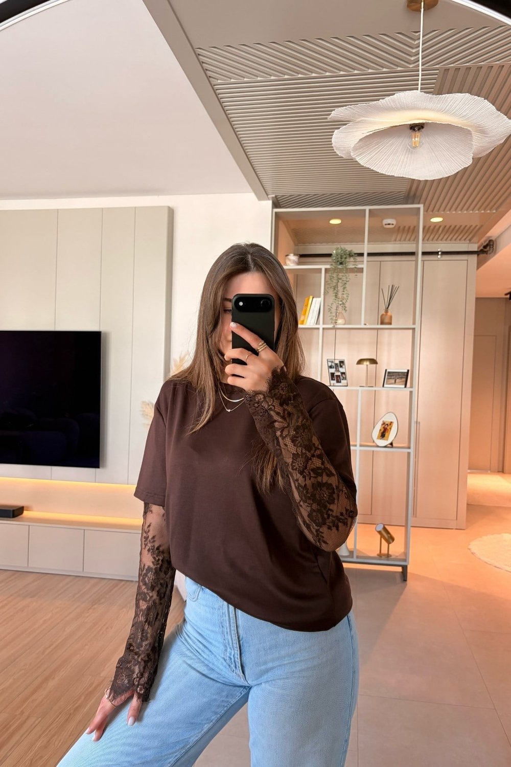 Dantel Detaylı Oversize Şık Kahverengi Modal Bluz