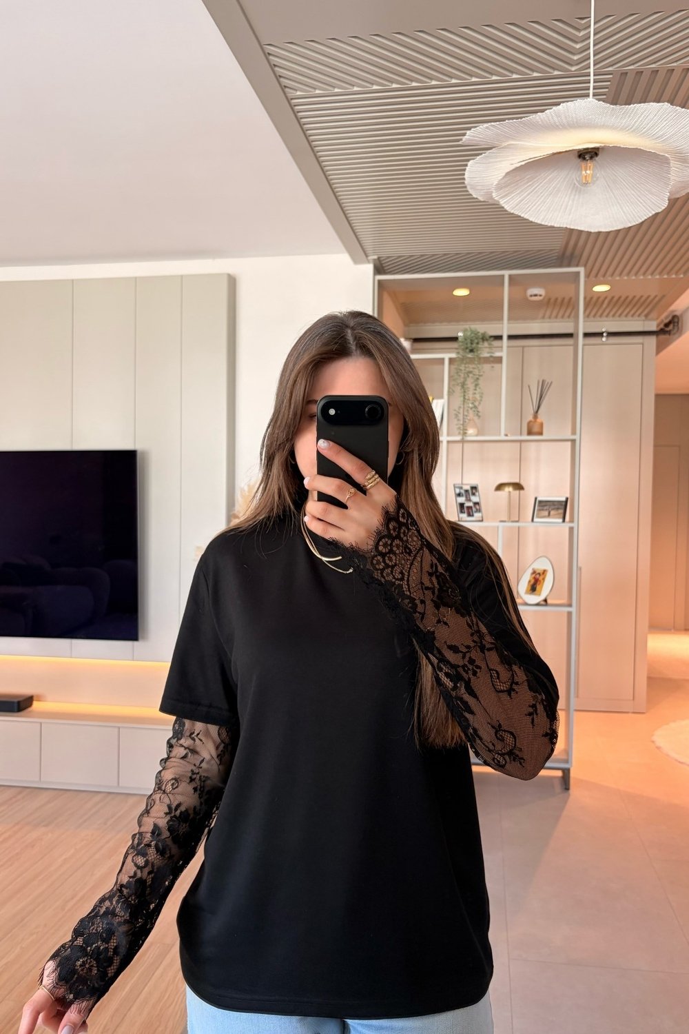 Dantel Detaylı Oversize Şık Siyah Modal Bluz