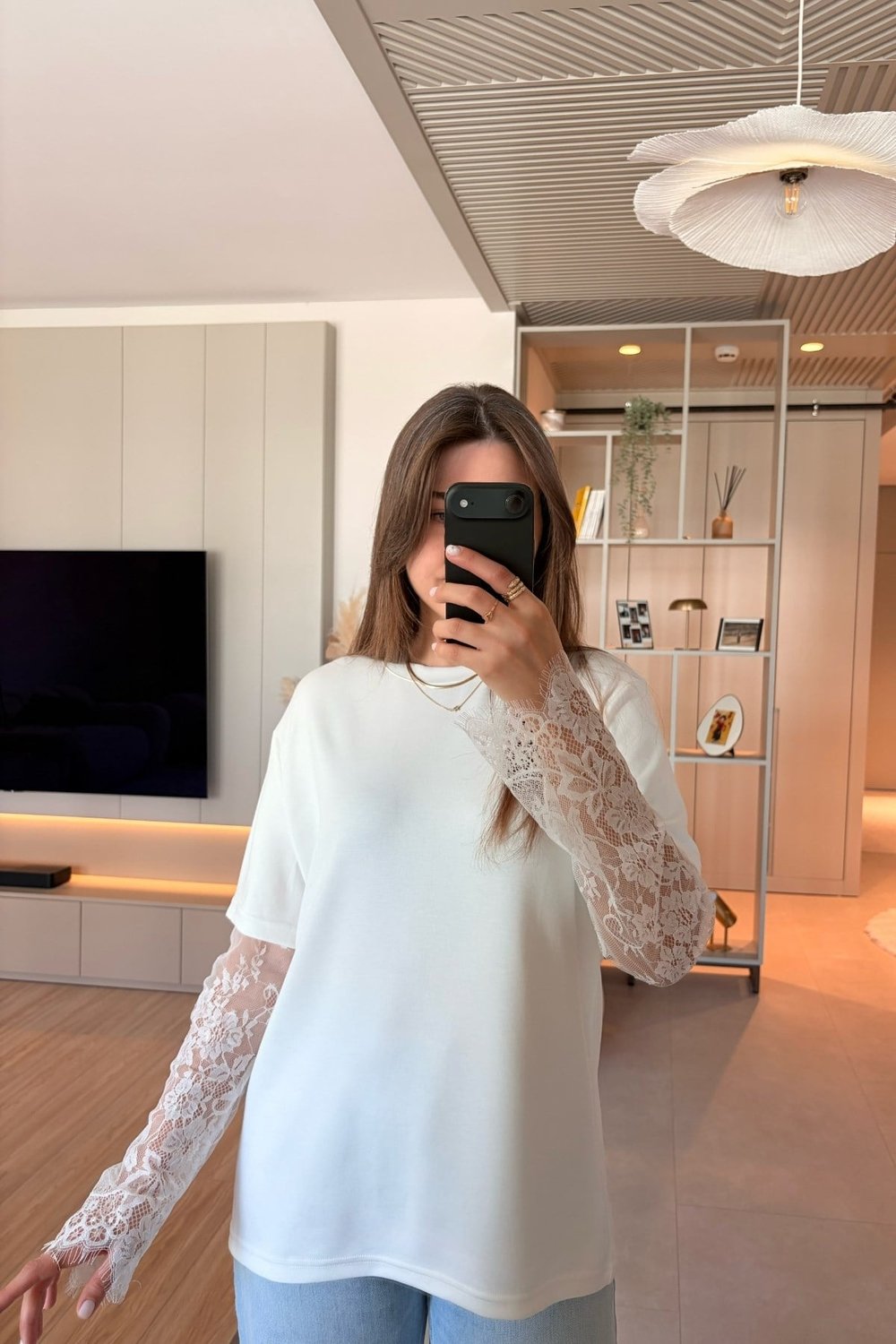  Dantel Detaylı Oversize Şık Beyaz Modal Bluz