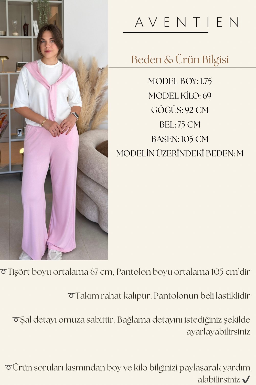 Şal Bağlama Detaylı Rahat Pembe Modal Takım