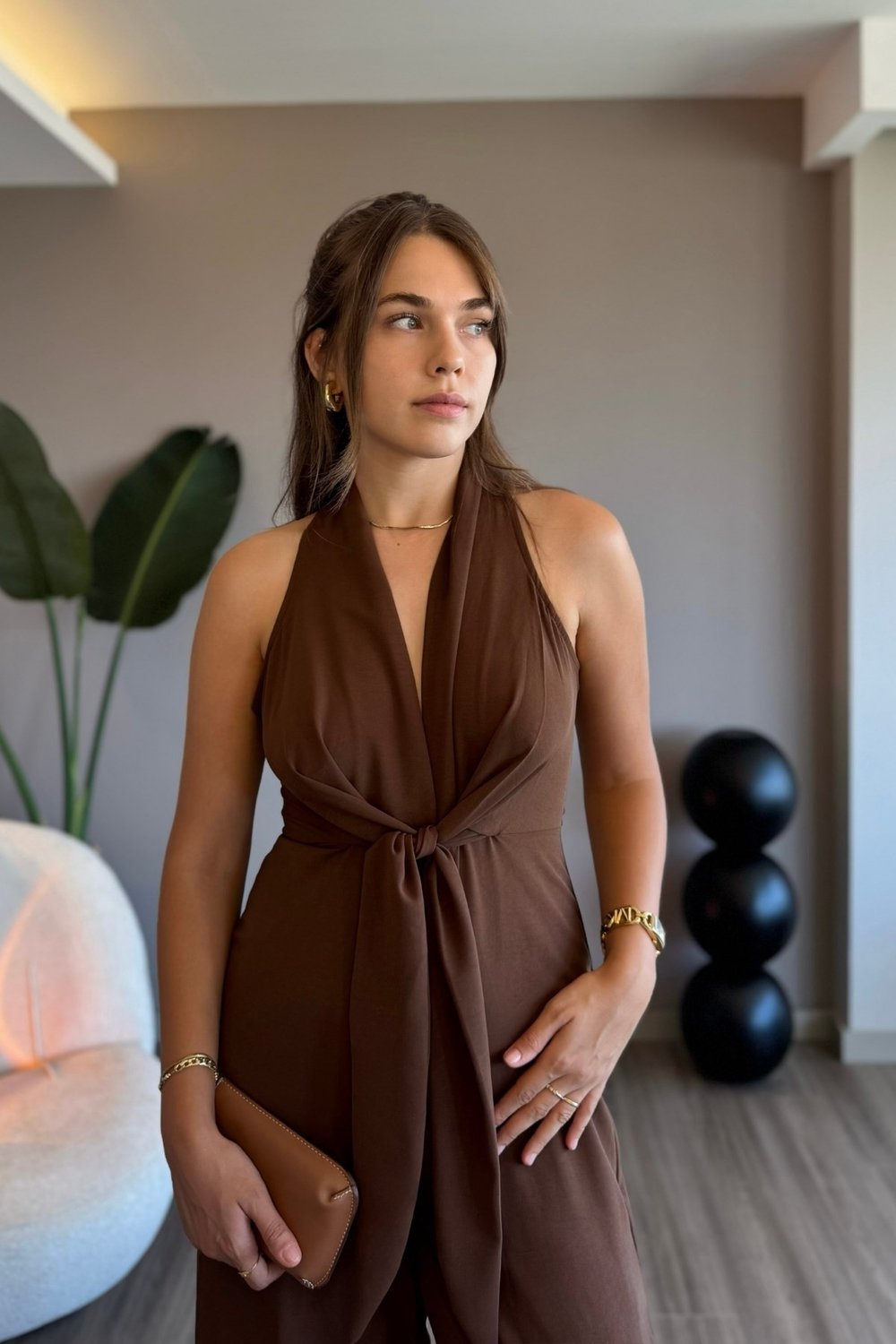 Önden Bağlamalı Kahverengi Bol Paça Tulum 