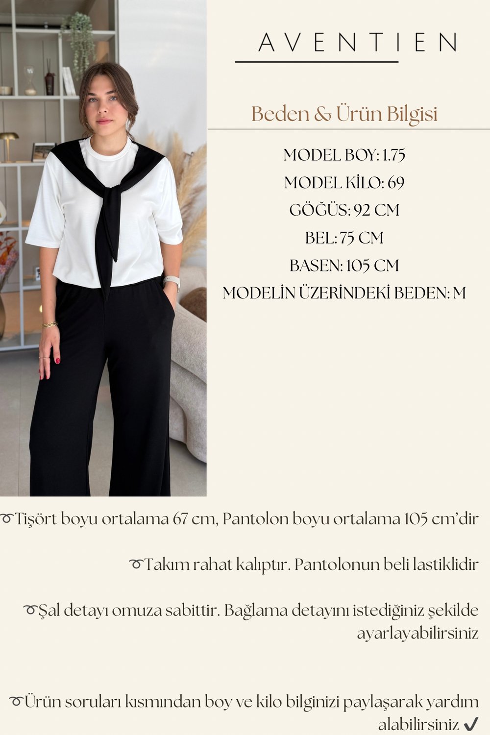 Şal Bağlama Detaylı Rahat Siyah Modal Takım