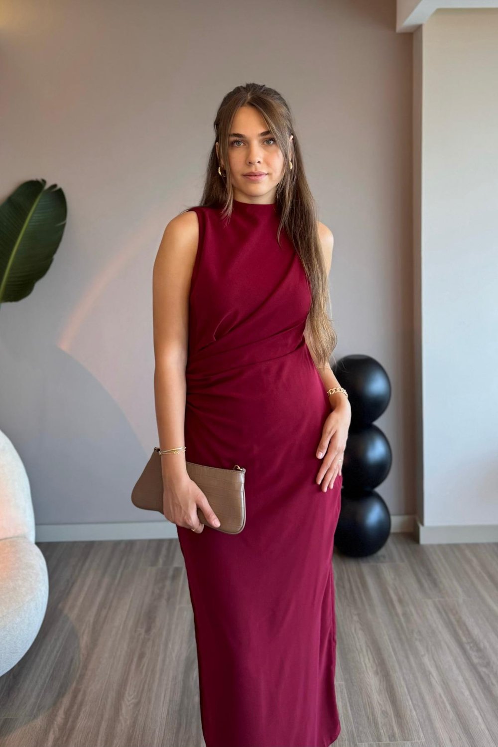 Sıfır Kol Drapeli Bordo Maxi Elbise