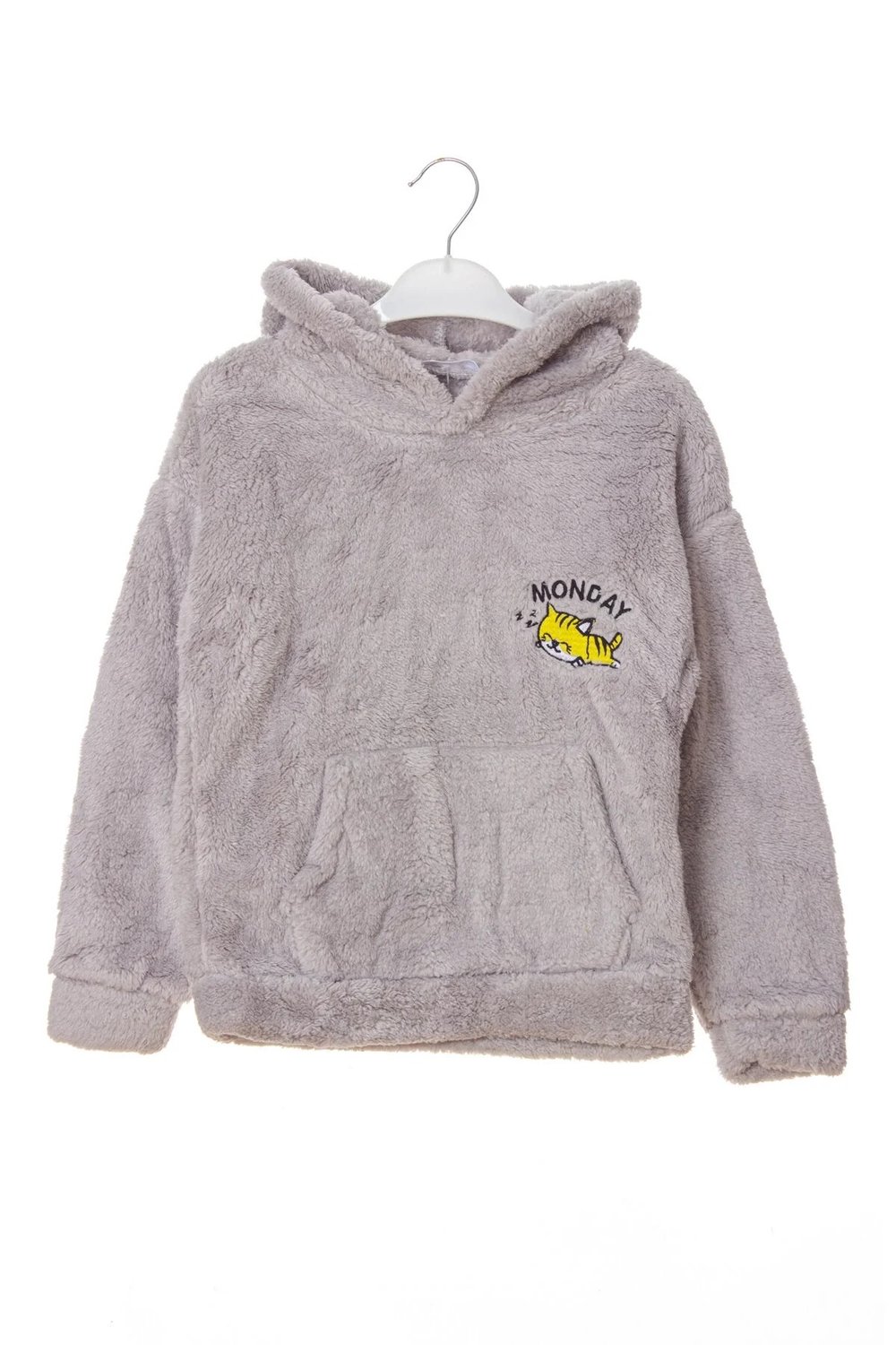 Gri Renkli Uyuyan Kedi Detayli Cepli Kapusonlu Monday Nakisli Kaliteli Uzun Kollu Sweatshirt