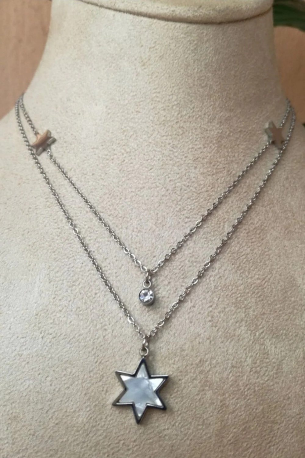 Yildiz Tasarim İnce Silver Cift Zincirli Zirkon Selenit Tasli Gumus Renkli Kaliteli Paslanmaz Celik Kolye Stainless Stell