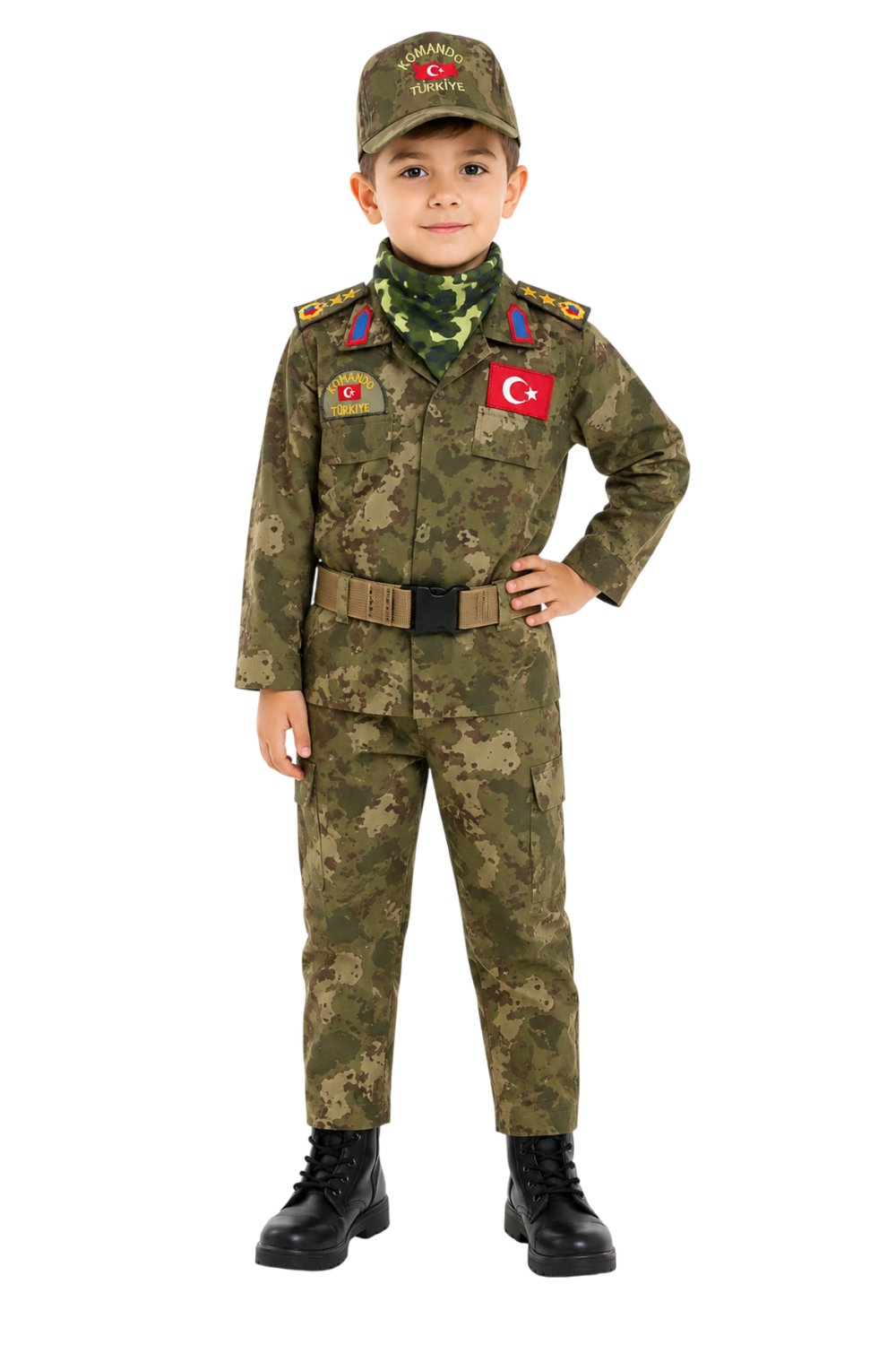 Kara Kuvvetleri Kamuflaj Renkli Uzun Kollu Yarbay Komando Fularli Karaci Cocuk Kostum Takim