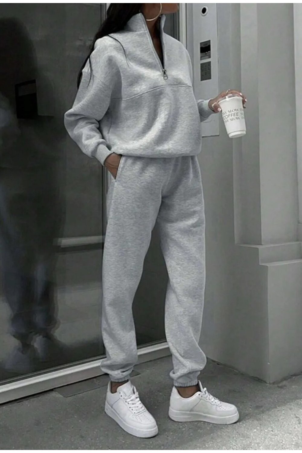 Kadın Yarım Fermuarlı 3 İplik Şardonlu Eşofman Takımı – Dik Yaka Sweatshirt & Jogger Pantolon