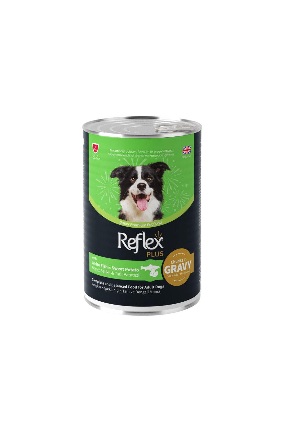 Plus Soslu Beyaz Balıklı ve Tatlı Patatesli Yetişkin Köpek Konservesi 400 Gr (12 Adet)