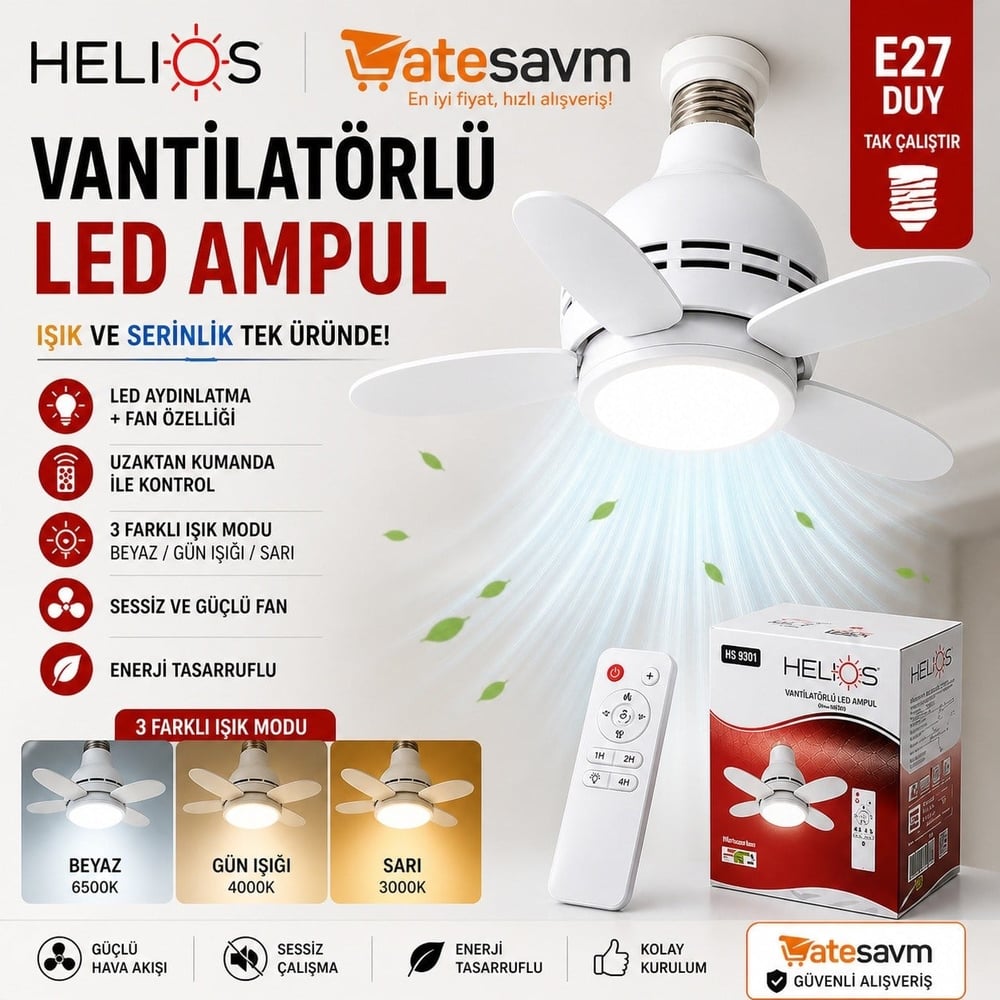 Helios Vantilatörlü LED Ampul E27 Duy Uzaktan Kumandalı 3 Modlu Fanlı Lamba