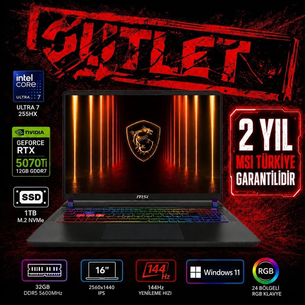 MSI VECTOR 16 HX AI A2XWHG-086TR Intel Core Ultra 7-255HX GeForce RTX 5070 Ti 12GB 140W 32GB DDR5 1TB SSD 17 inç QHD+240Hz W11 Home Gaming Laptop