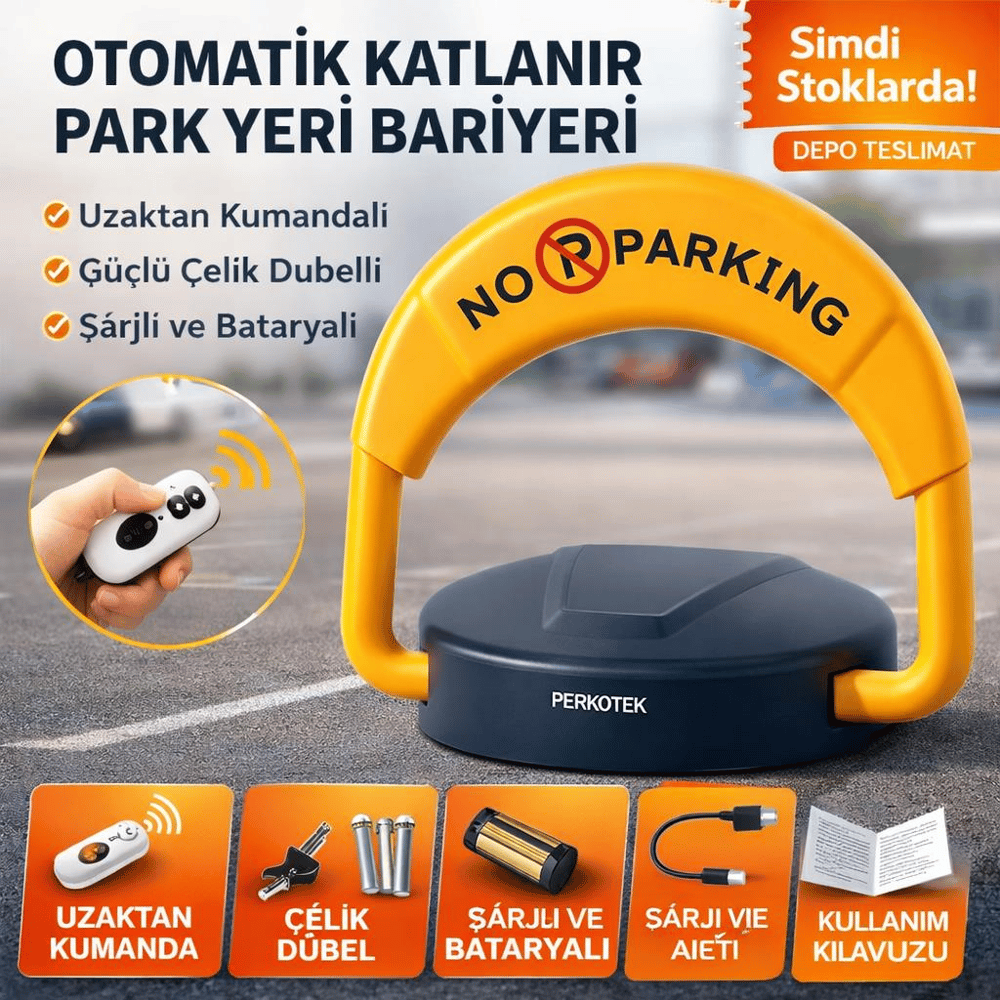 Perkotek Uzaktan Kumandalı Otomatik Park Bariyeri — Şarjlı, Katlanır, Çelik Dübel Dahil