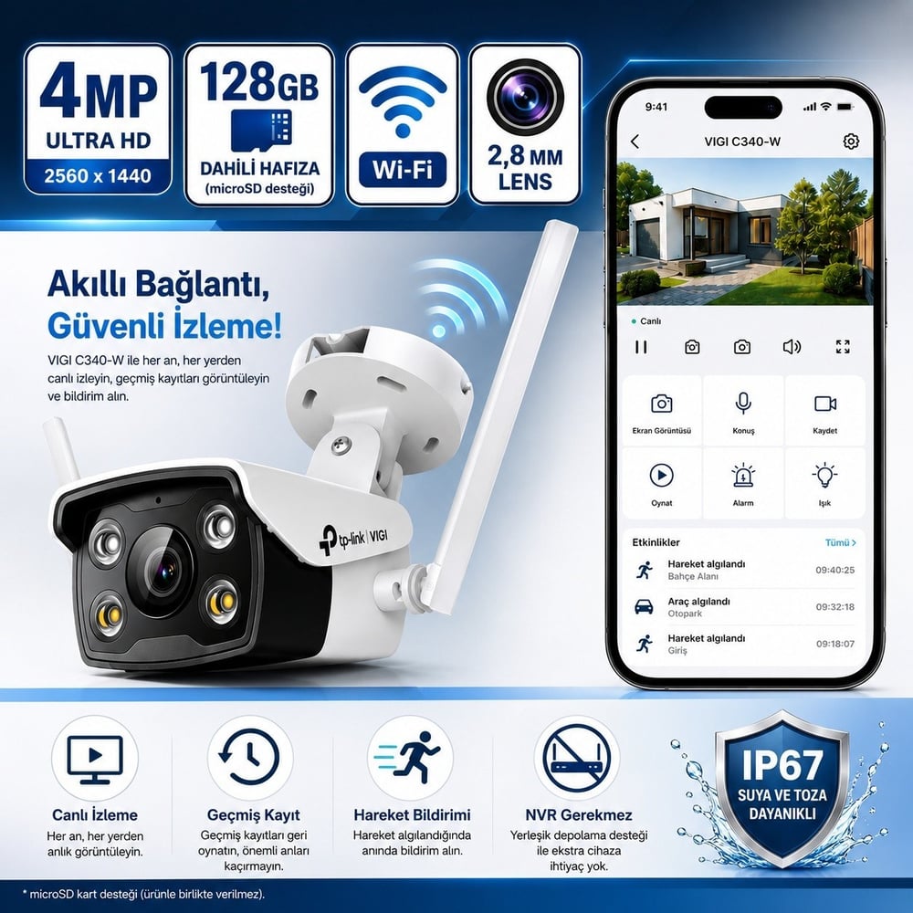 TP-Link VIGI C340W-128 4MP 2K 2.8mm Wi-Fi 128 GB Hafıza IP67  IR LED Hareket Algılamalı 7/24 Kayıt ve Uzaktan İzleme 30 MT Güvenlik Kamerası