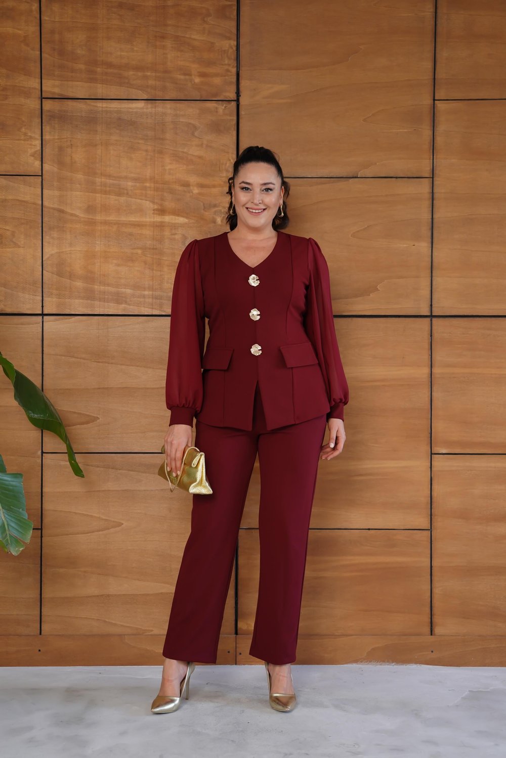 Çiçek Broş Detaylı Takım Bordo