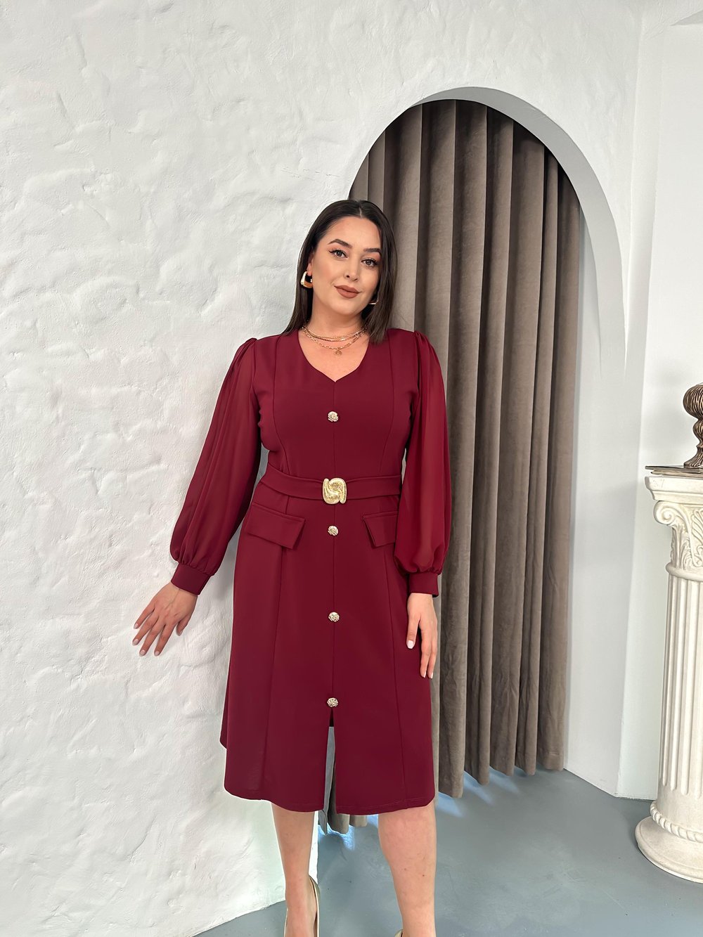 Kemer Detaylı Elbise Bordo