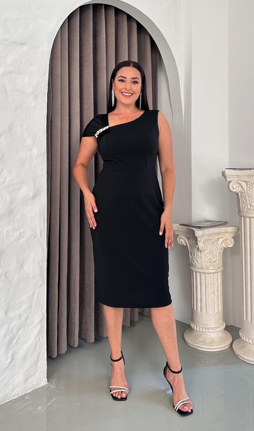 Omzu Saten Detaylı Elbise