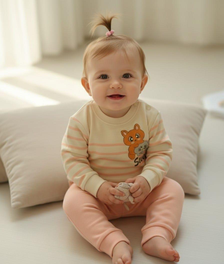 Kız Bebek Sevimli Tilki Figürlü Çizgili Alt  & Üst Takım Pudra