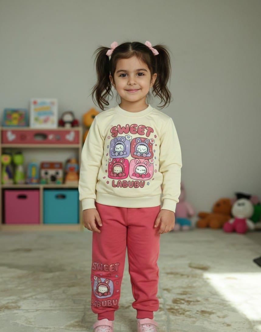 Kız Çocuk Sweet Labubu Baskılı Koyu Pembe Alt Üst Takım