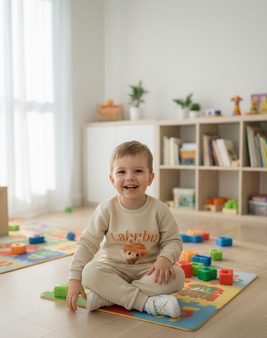 Labubu Figürlü Erkek Çocuk Alt & Üst Takım Bej