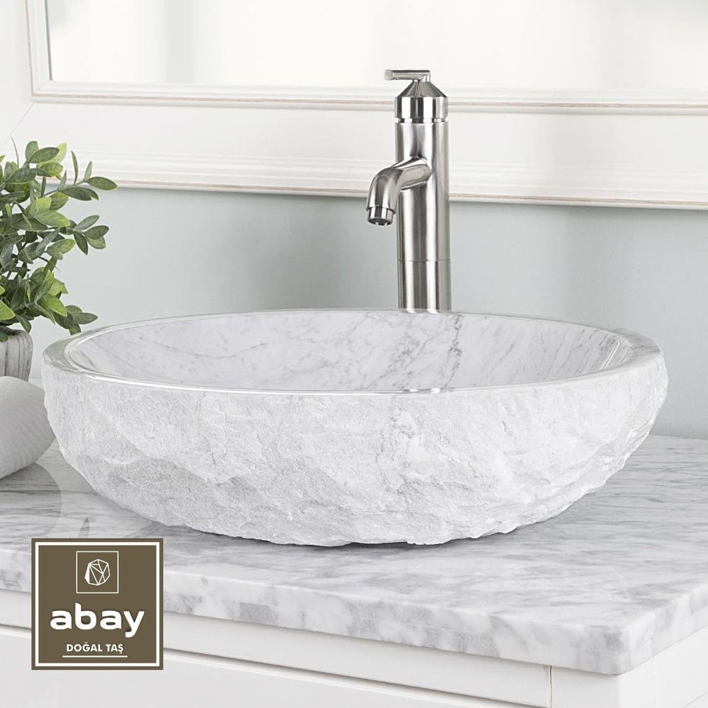 Beyaz Mermer Doğal Patlatma Oval Mini Lavabo