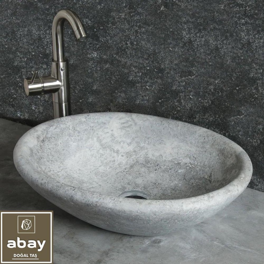 Mermer LavaboGümüş Traverten Rustik Oval Lavabo
