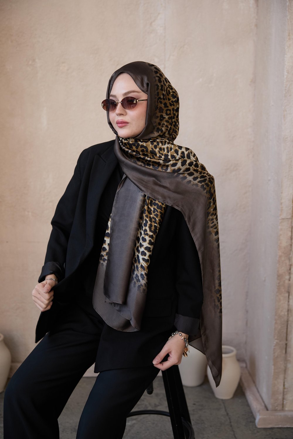 Degrade Leopar Desen Şal Vizon