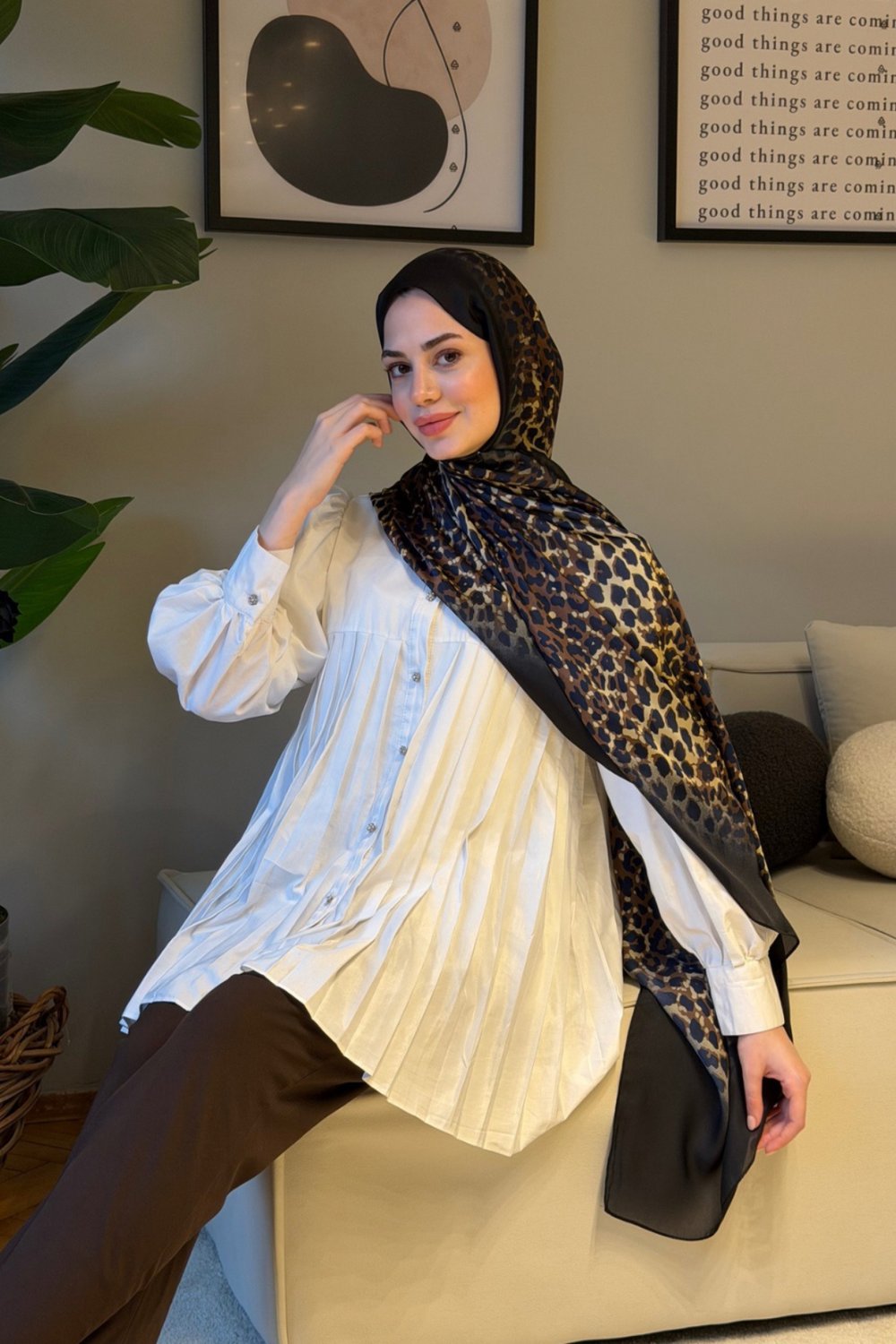 Degrade Leopar Vual İpek -Siyah%Kahve