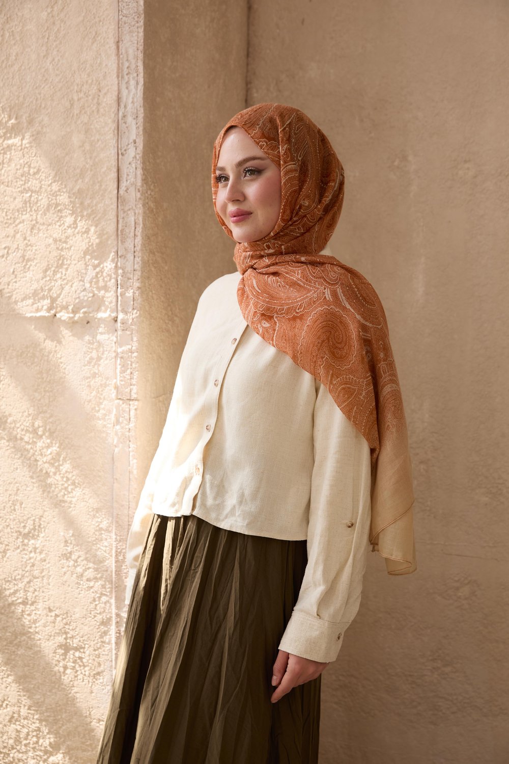 Etnara Pamuklu Degrade Şal Camel