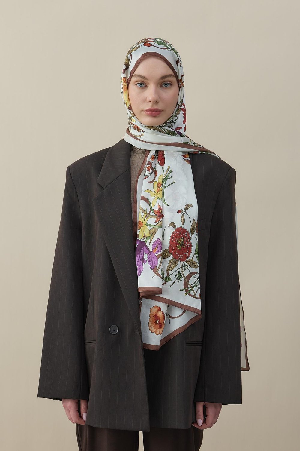 Flora Luxe Vual İpek Şal Kahverengi