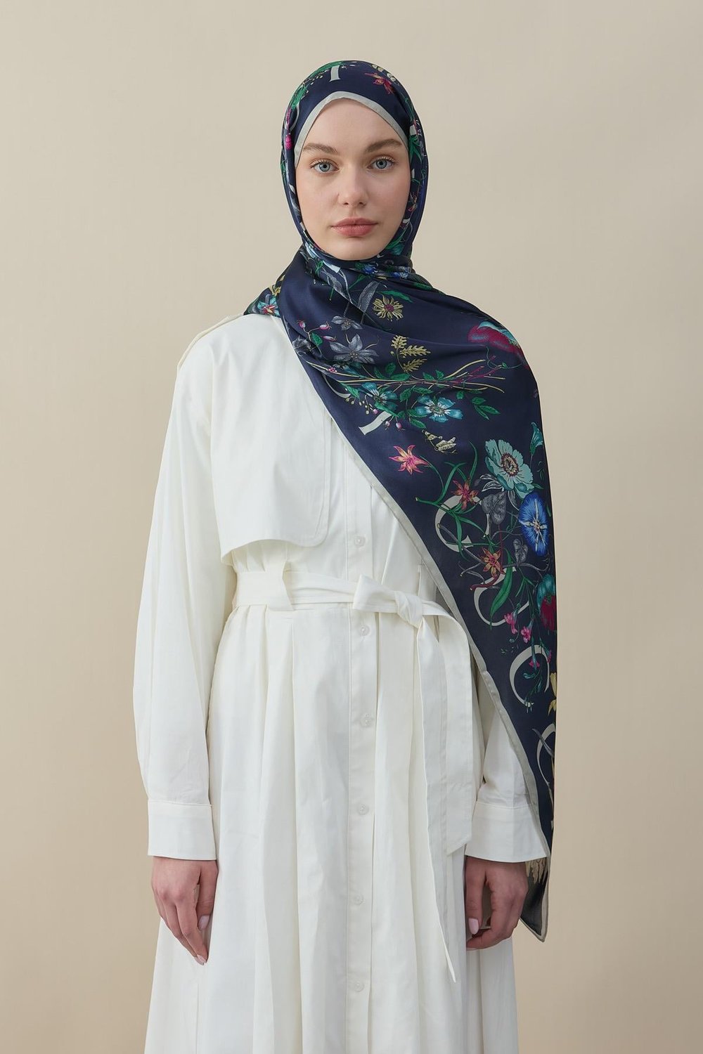 Flora Luxe Vual İpek Şal Lacivert Krem