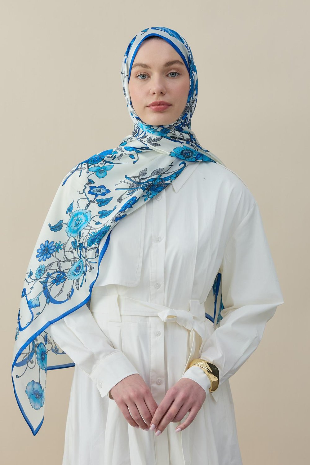Flora Luxe Vual İpek Şal Mavi