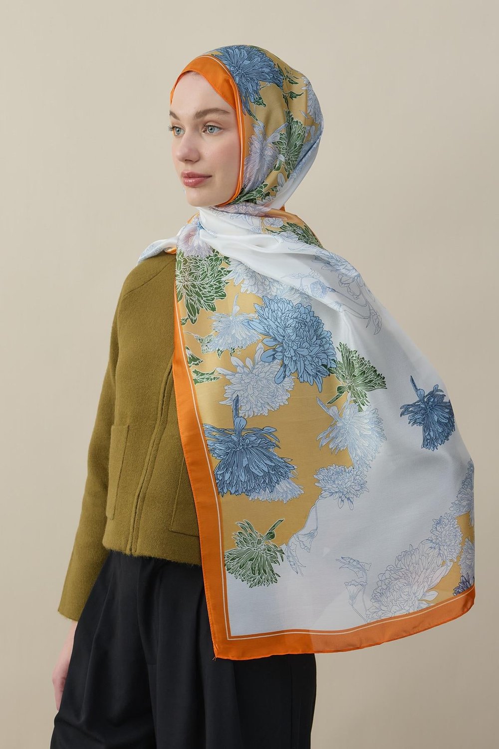 Sakura Çiçek İpek Vual Şal Oranj
