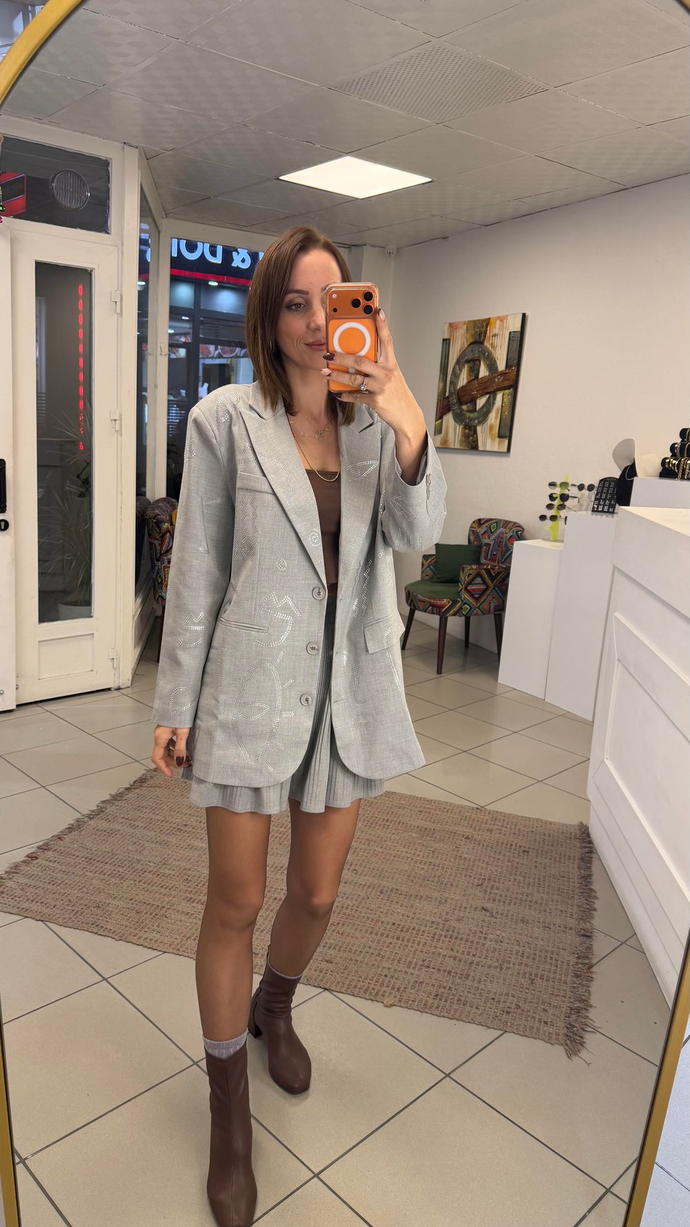CEKET - ŞENİZ BUTİK TAŞ DETAYLI BLAZER CEKET GRİ