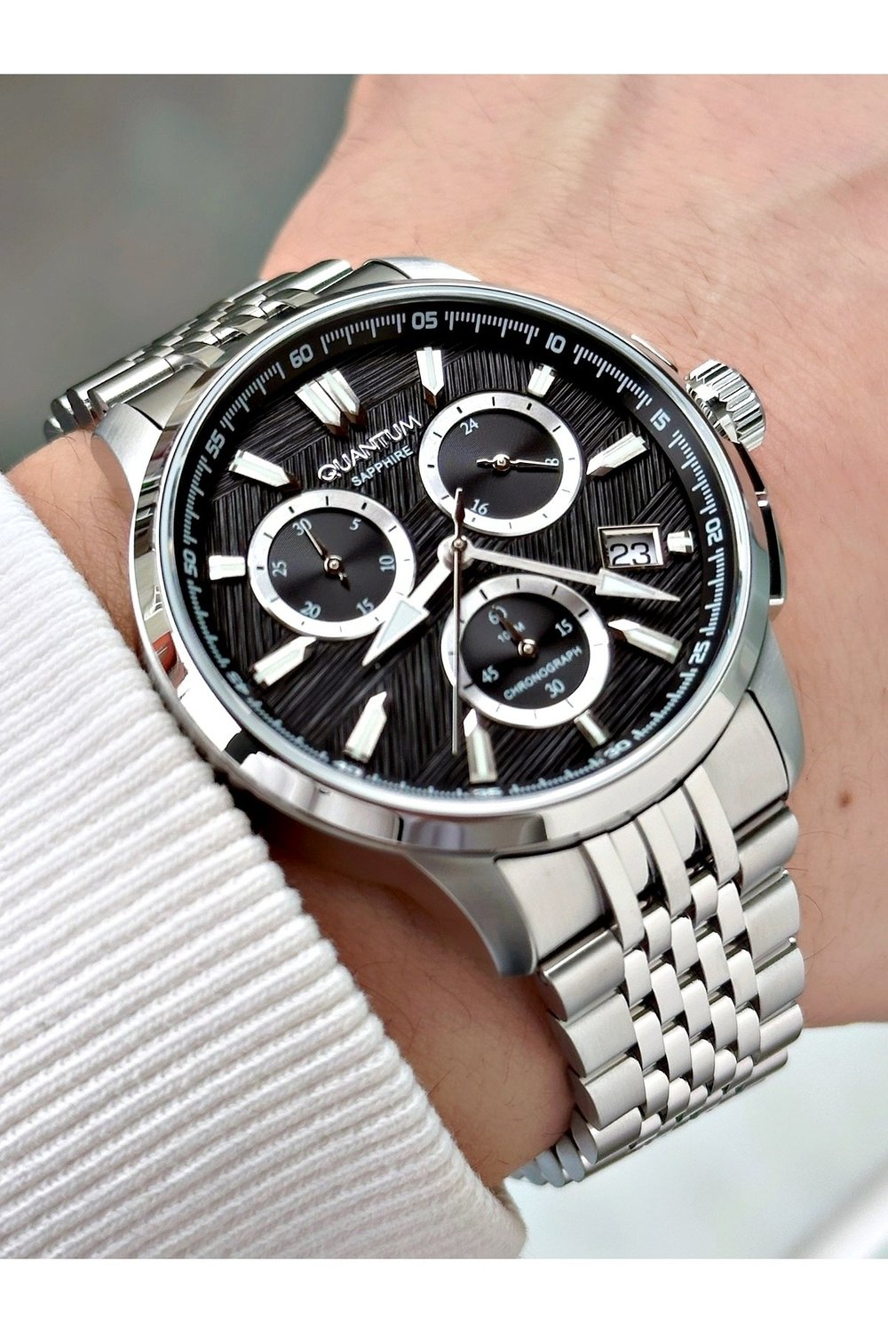 Fonksiyonlu Gümüş-Siyah Renk Çelik Kordon Çelik Kasa Safir Cam Erkek Kol Saati 1214MR