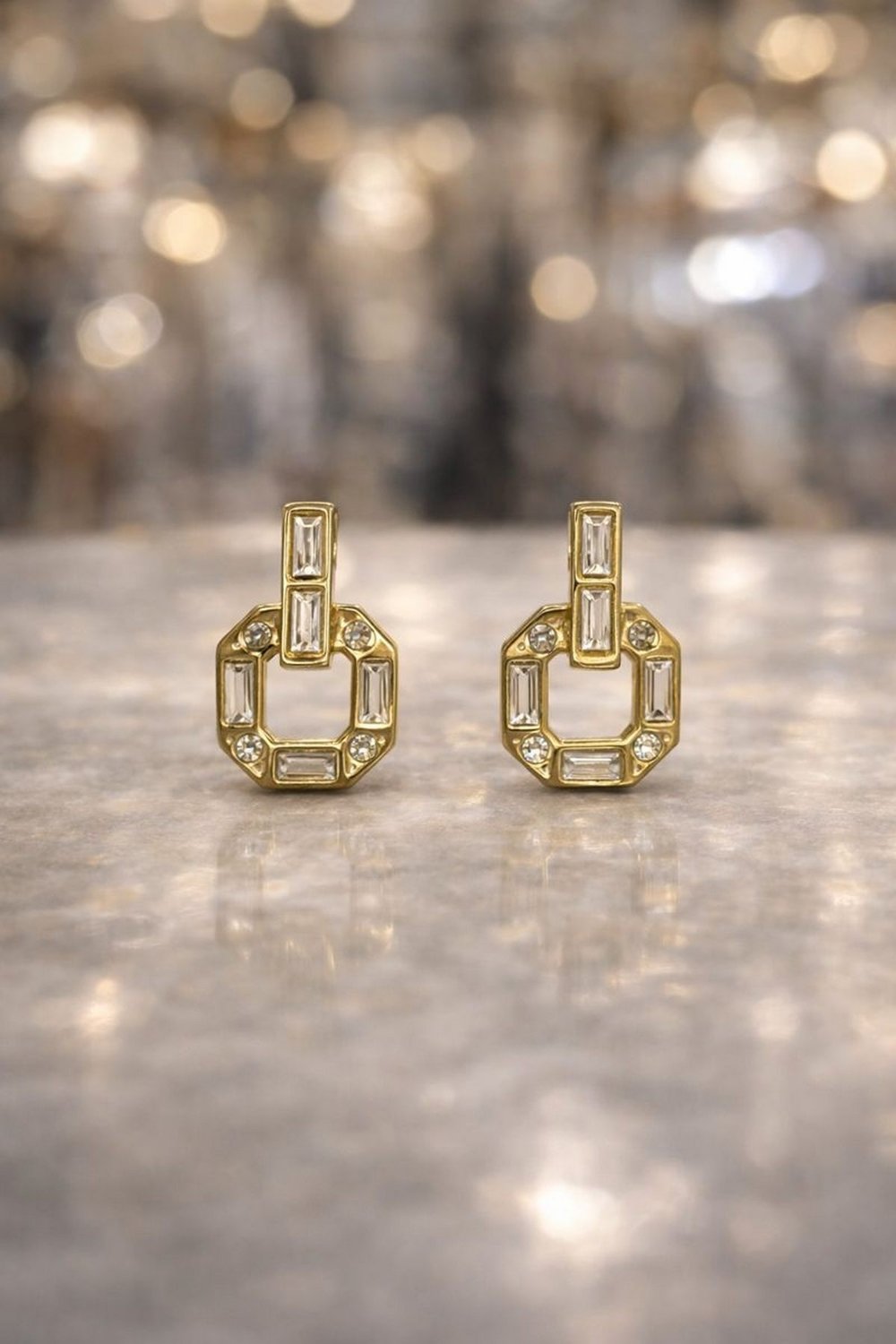 Vıp 14K Geometrik Taşlı Altın Küpe Gold   