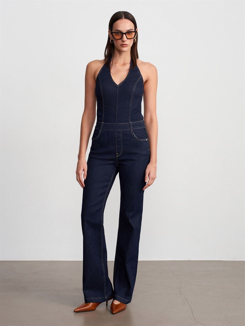Dilvin Halter Yaka Denim Tulum-Lacivert