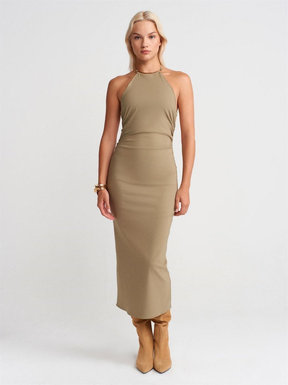 Dilvin  Halter Yaka Midi Elbise-Çağla